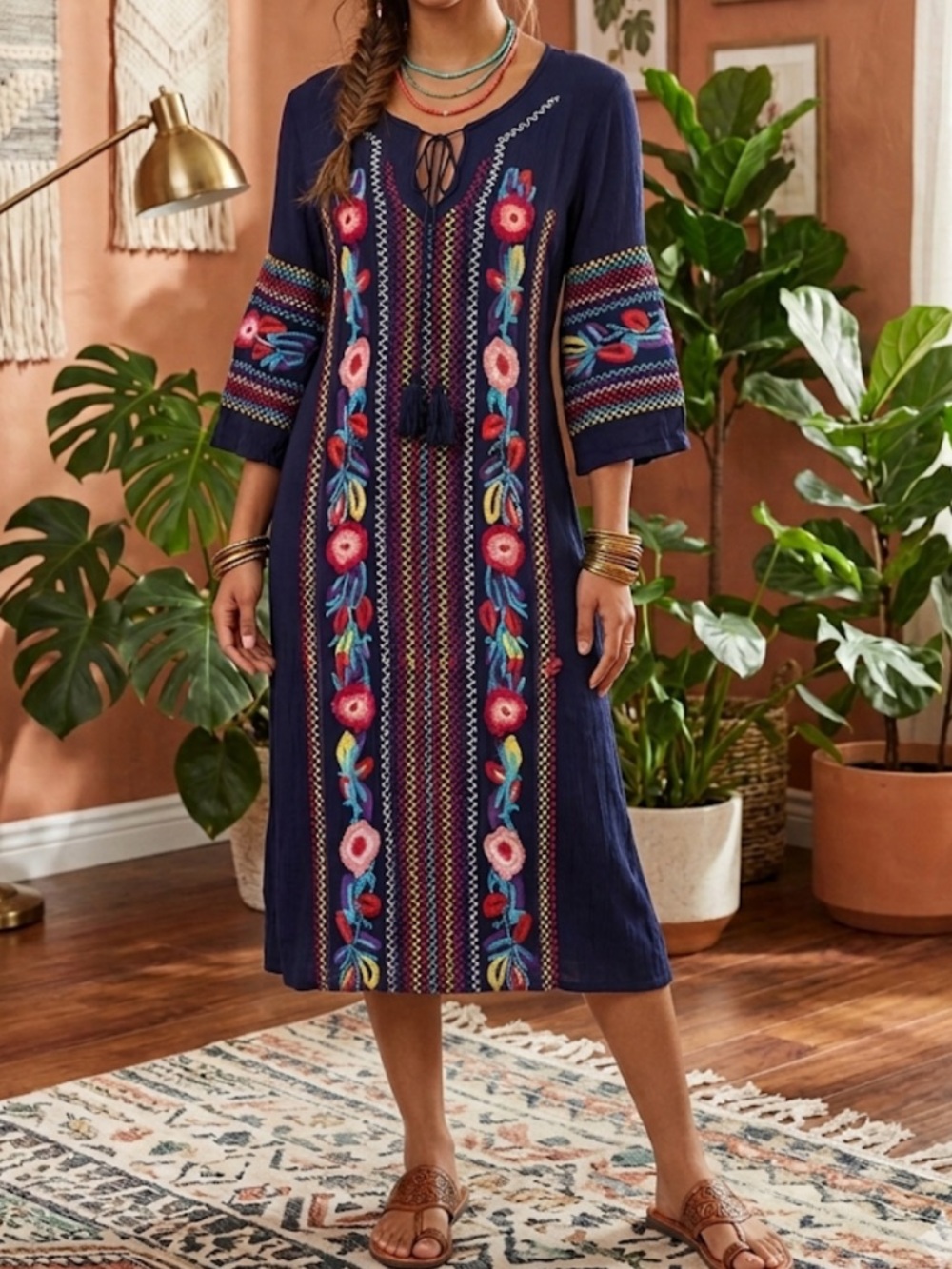 Mexican traditional rayon Navy Floral hand Embroidered Midi Dress Tassel Tie S